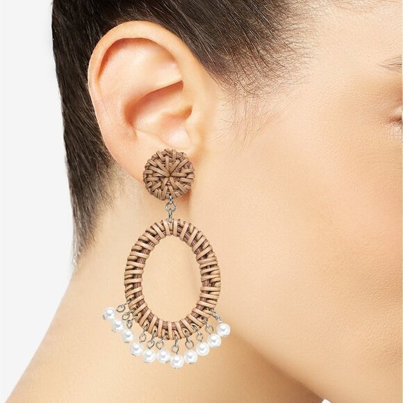 125 INC Rattan & Imitation Pearl Drop Earrings - Picture 1 of 2